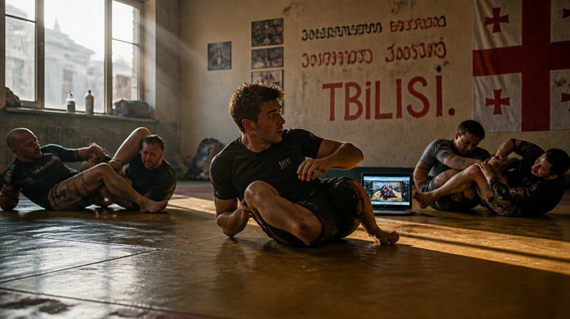 American Black Belt Flies to Tbilisi For 'Real' BJJ Training — Both Gyms He Visits Are Watching the Same Lachlan Giles Tutorial His Academy Uses